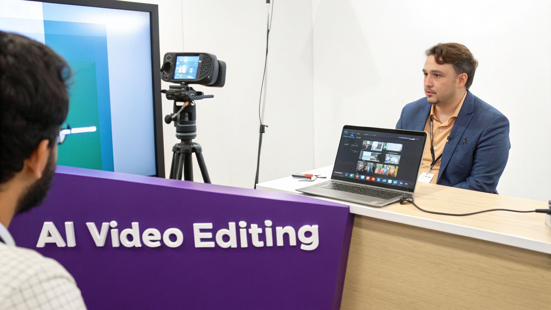 A man in a blue blazer sits at a desk with a laptop displaying video editing software, while a camera records him, with an 'AI Video Editing' sign in the foreground.