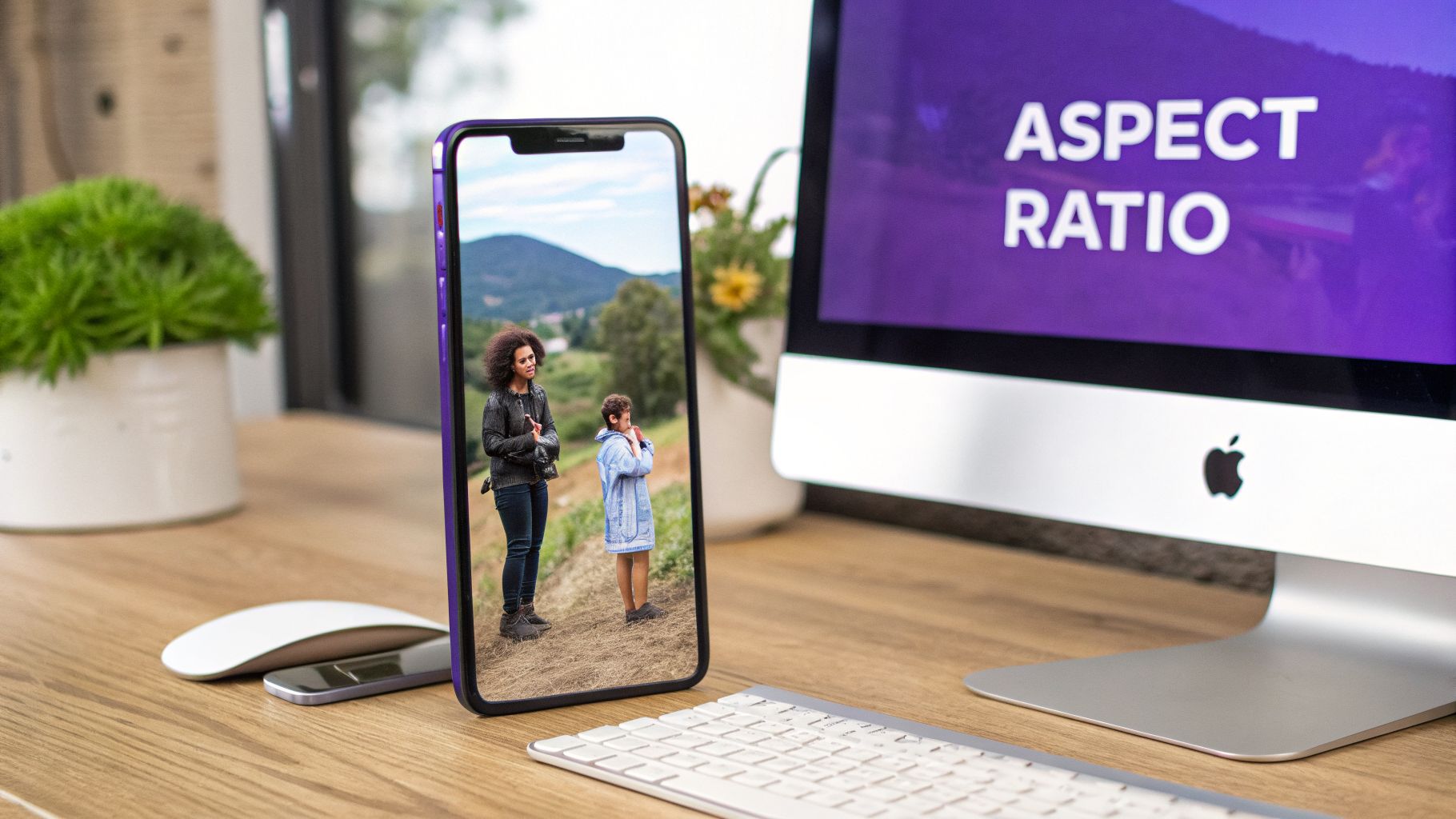 A desk setup featuring an iPhone displaying an outdoor scene and an iMac showing 'ASPECT RATIO'.
