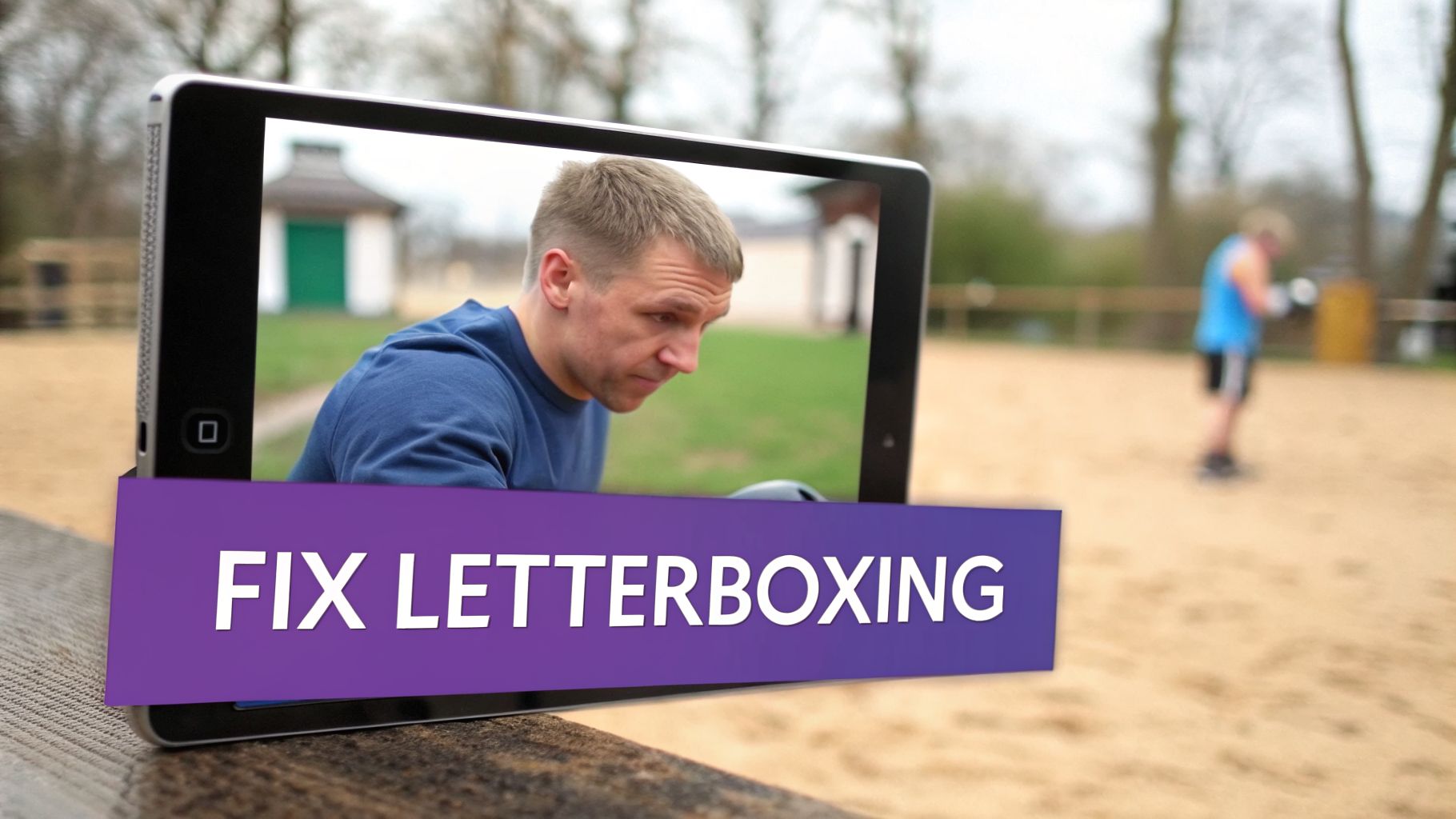 A tablet displays a man with a purple banner 'FIX LETTERBOXING' partially covering the screen, set in an outdoor boxing training area.