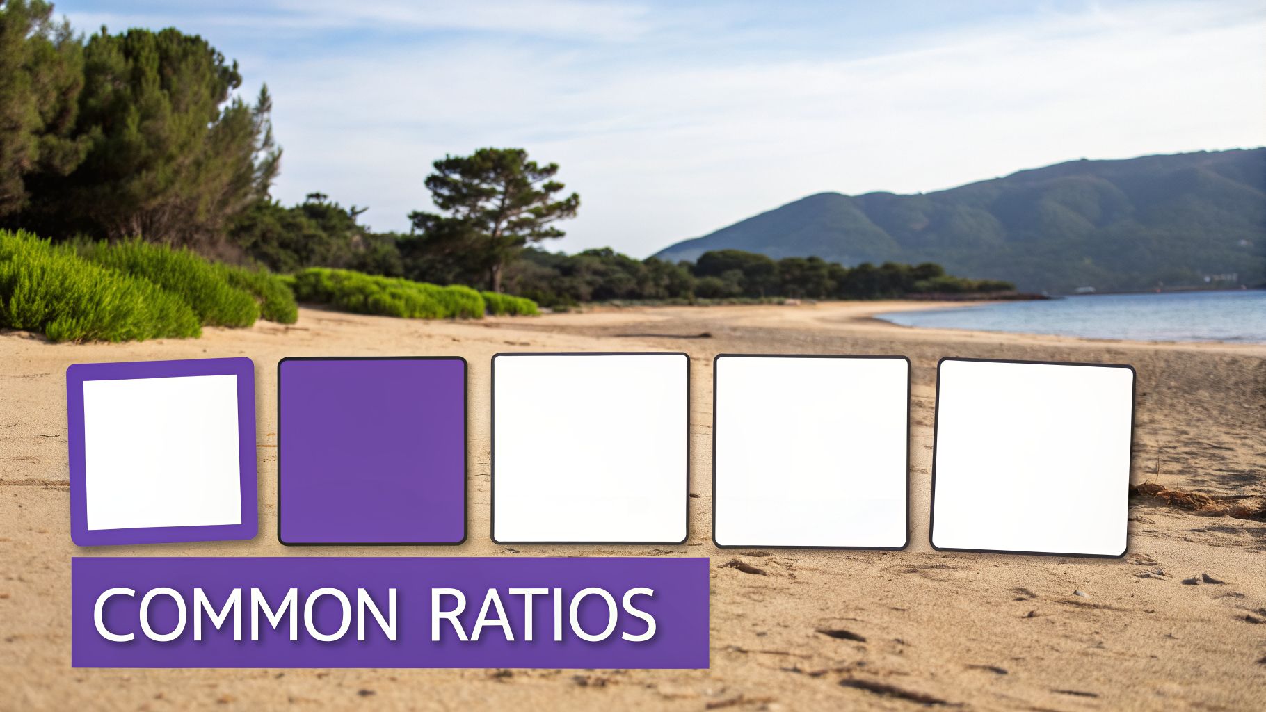 Five square frames on a sandy beach with distant mountains and sea, featuring 'COMMON RATIOS' text.