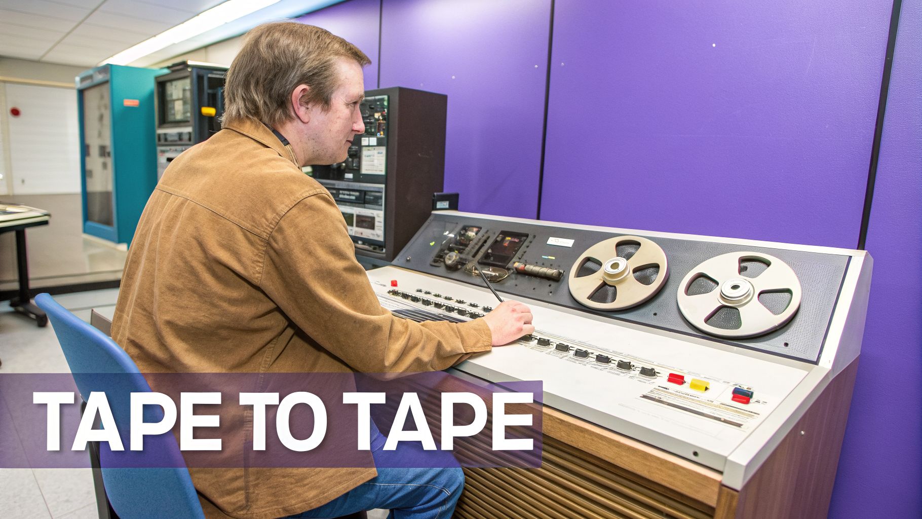 A man in a brown shirt operates a vintage reel-to-reel tape machine in a control room.