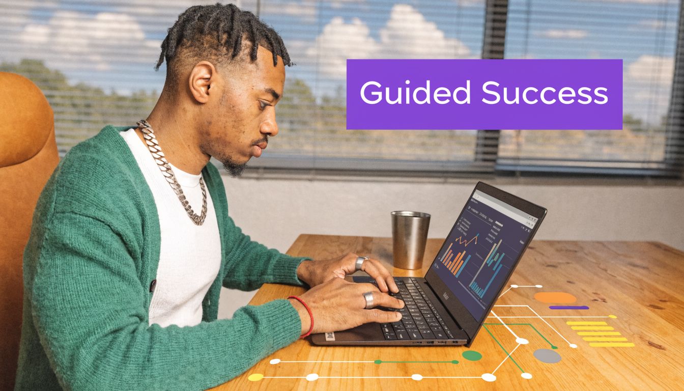 A young man using a laptop displaying data analytics charts at a wooden desk with digital graphics.