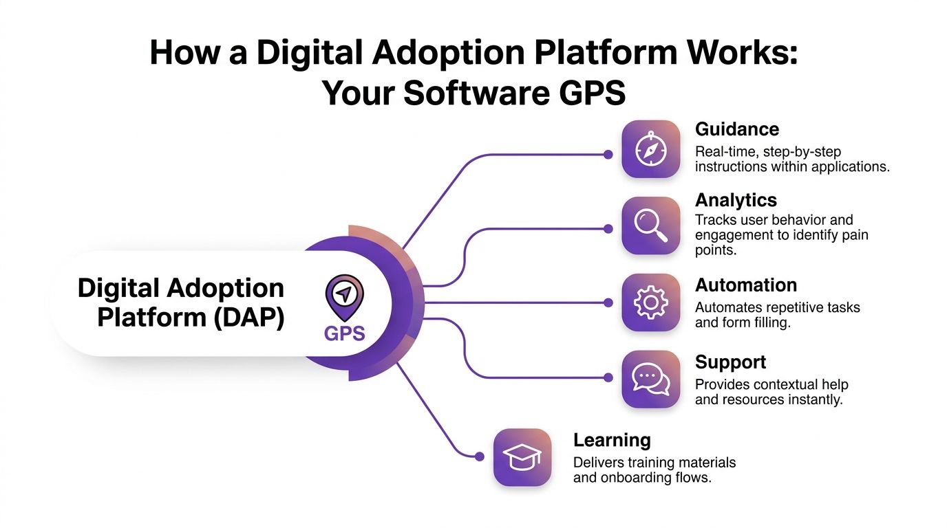 A diagram explaining how a digital adoption platform works using GPS navigation as a central metaphor.