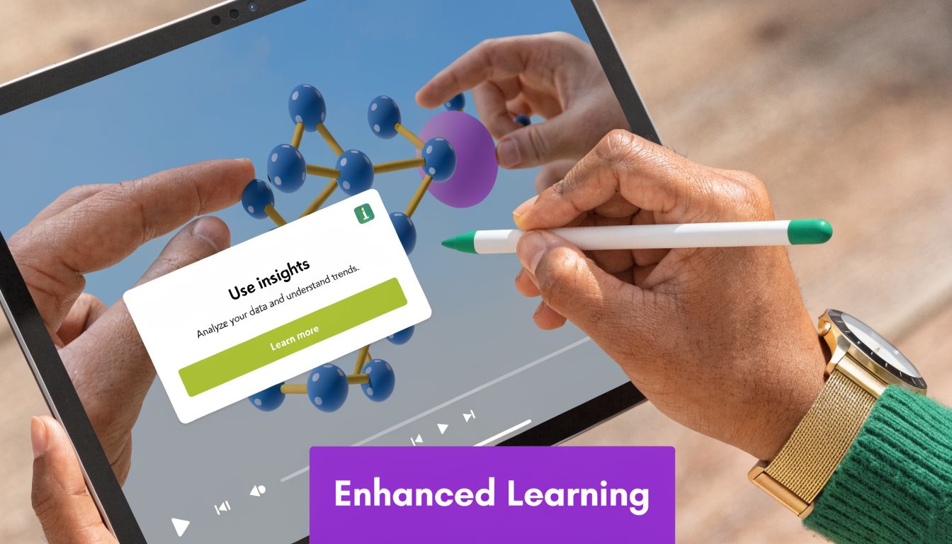 A person using a stylus on a digital tablet to analyze data for enhanced learning applications.