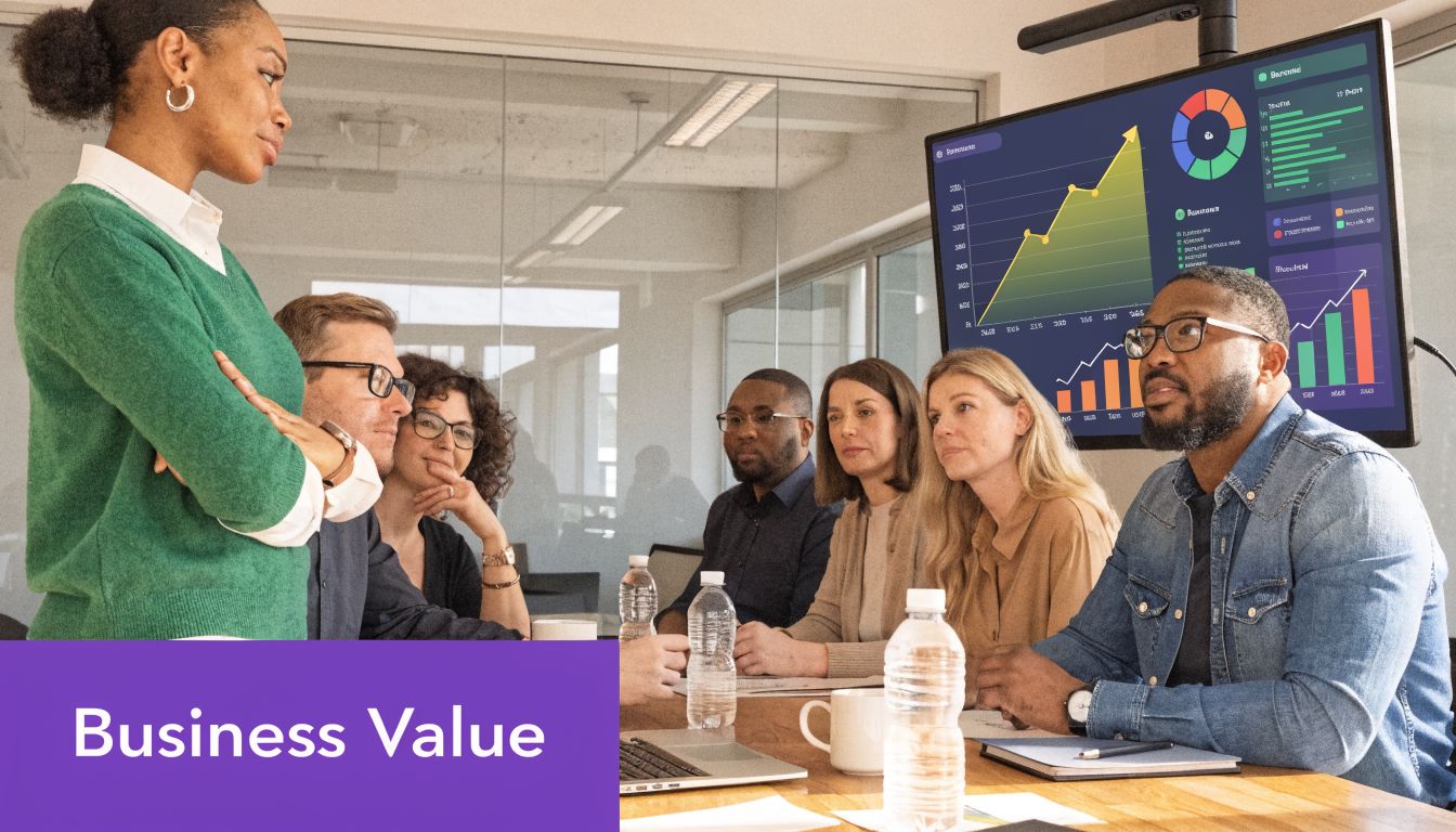 A diverse team in a professional meeting discussing data charts on a screen, focused on business growth.