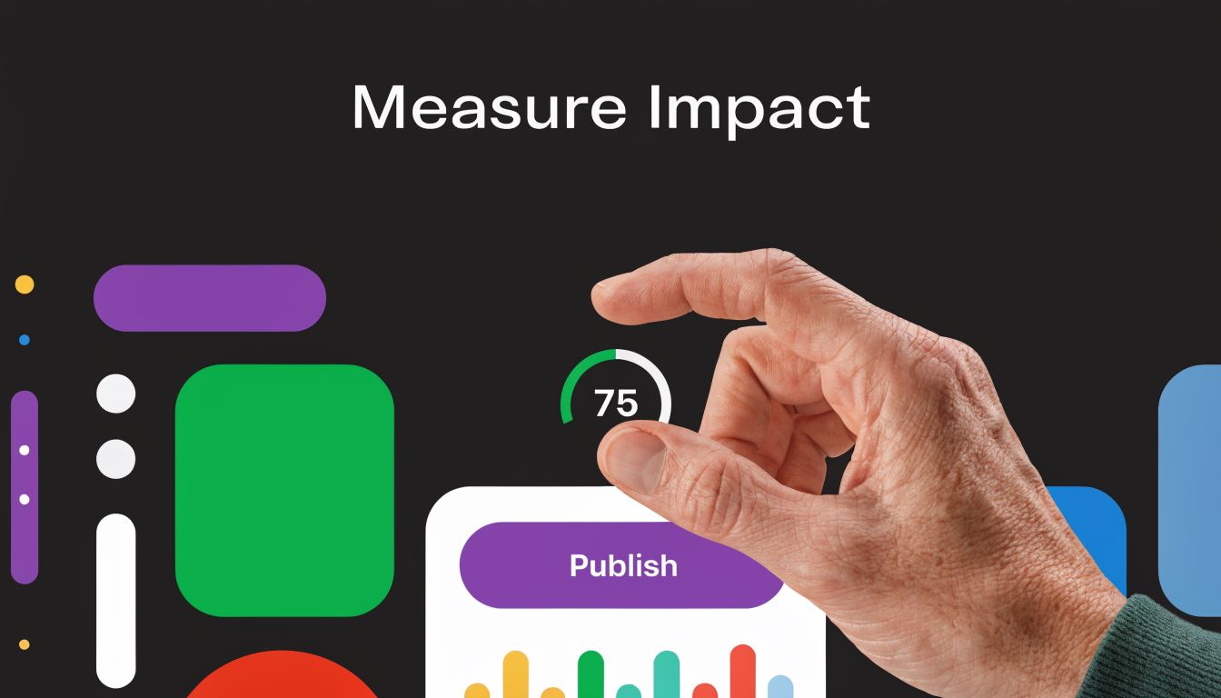 A hand making a pinching gesture above a digital dashboard with a 75 score and publish button.