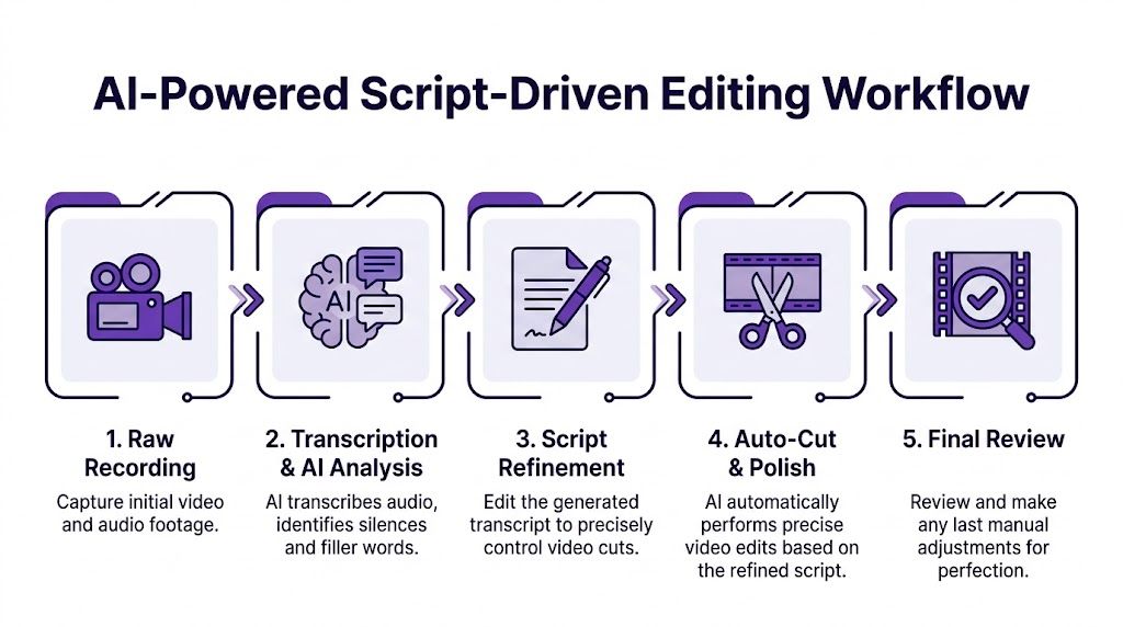 A diagram illustrating a five-step AI-powered script-driven video editing workflow from recording to final review.