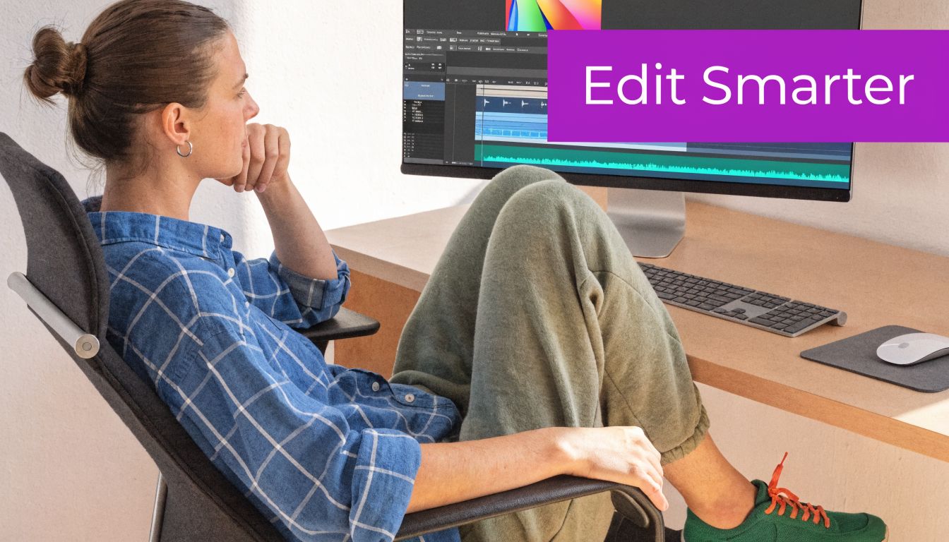 A woman sits in a chair in front of a computer screen while editing video content.