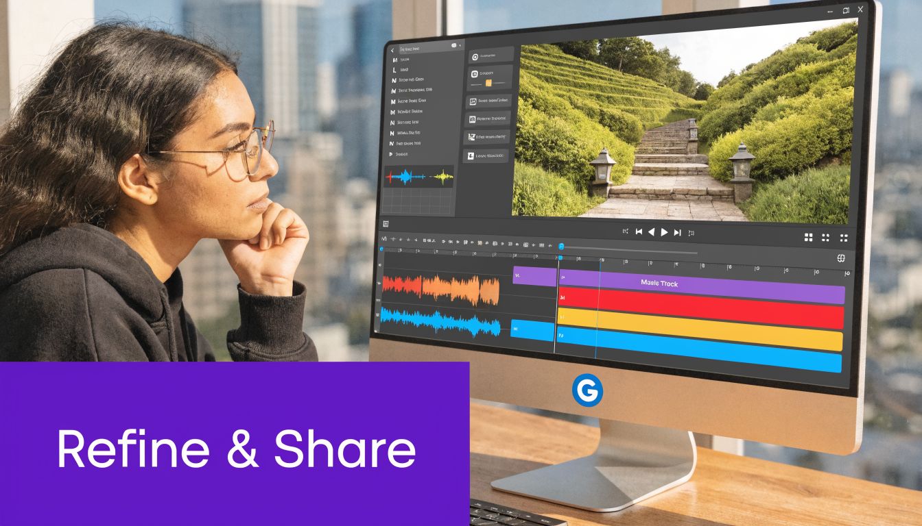 A young woman wearing glasses focuses intently while editing video content on a large desktop computer monitor.
