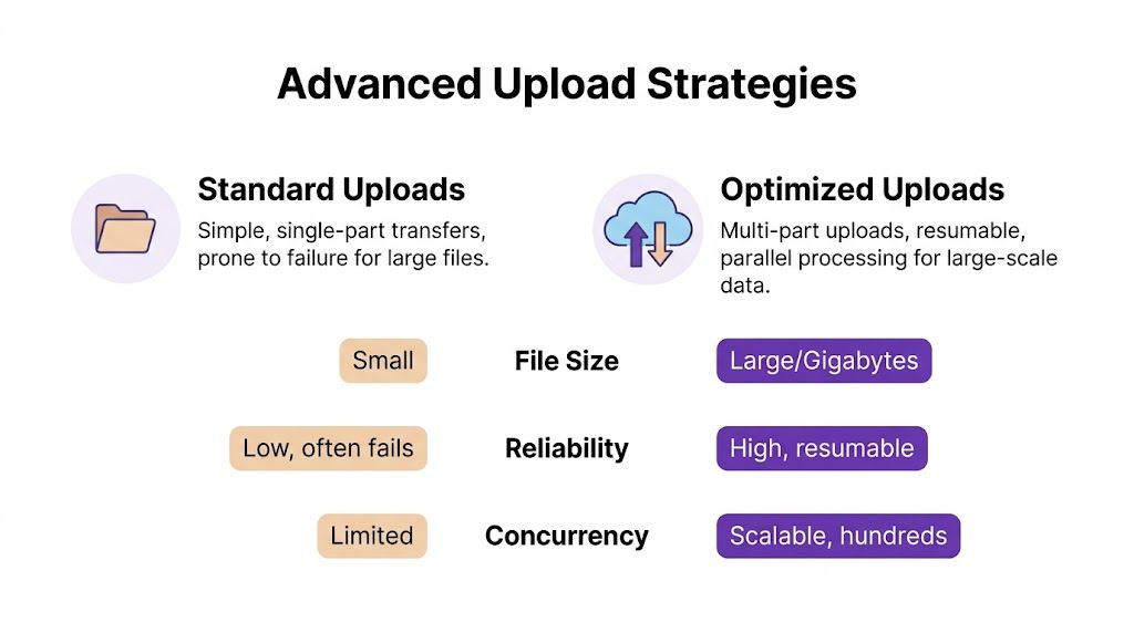 A comparison chart showing features of standard single-part uploads versus optimized multi-part file upload strategies.