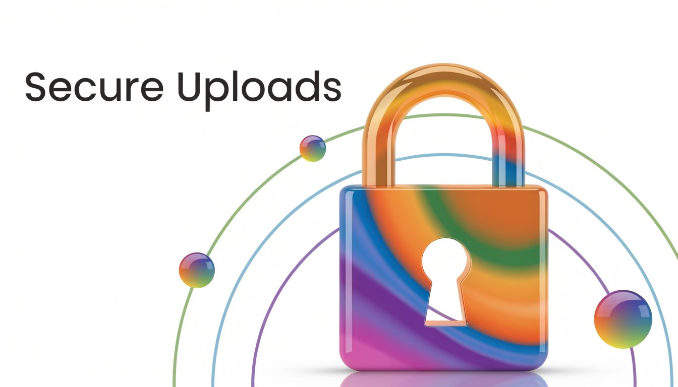 A colorful 3D rendered padlock symbolizing security and protected digital file uploads on a white background.