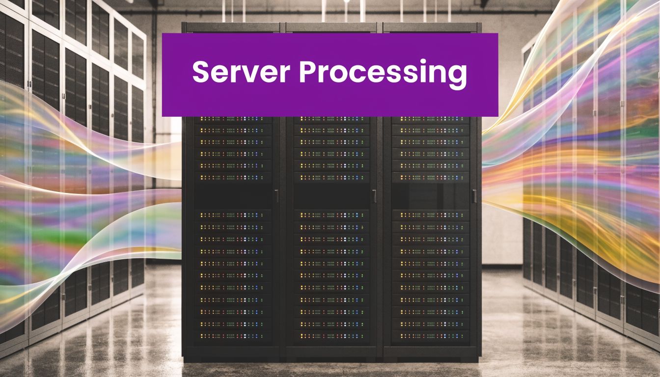 A modern server rack in a data center with colorful abstract light waves flowing through the room.