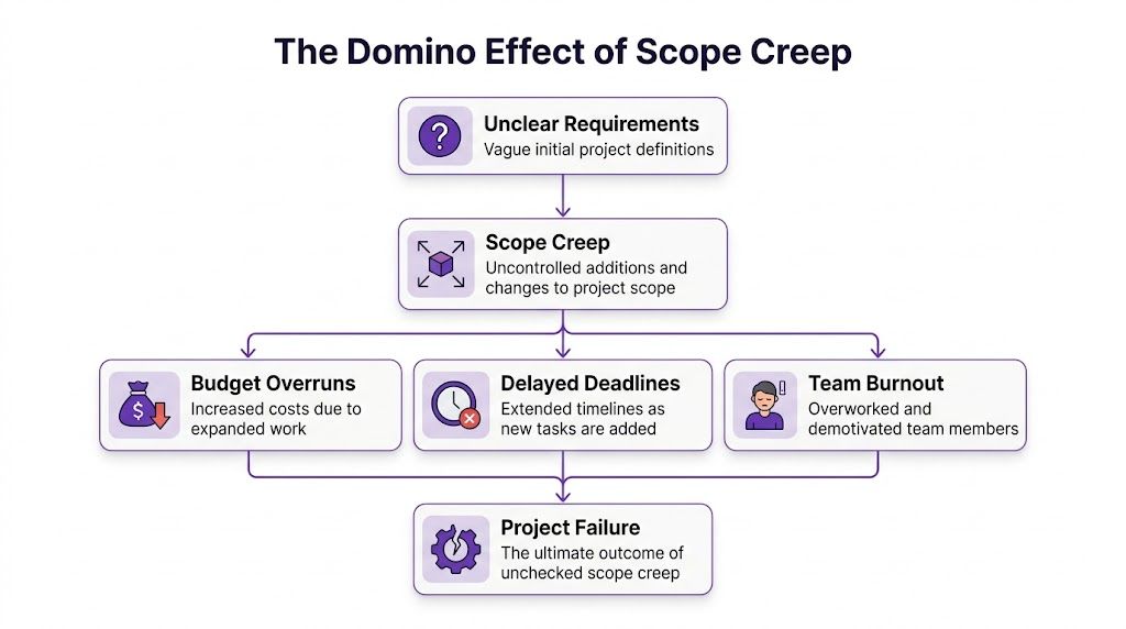 A flow chart illustrating the domino effect of scope creep on project management success and failures.