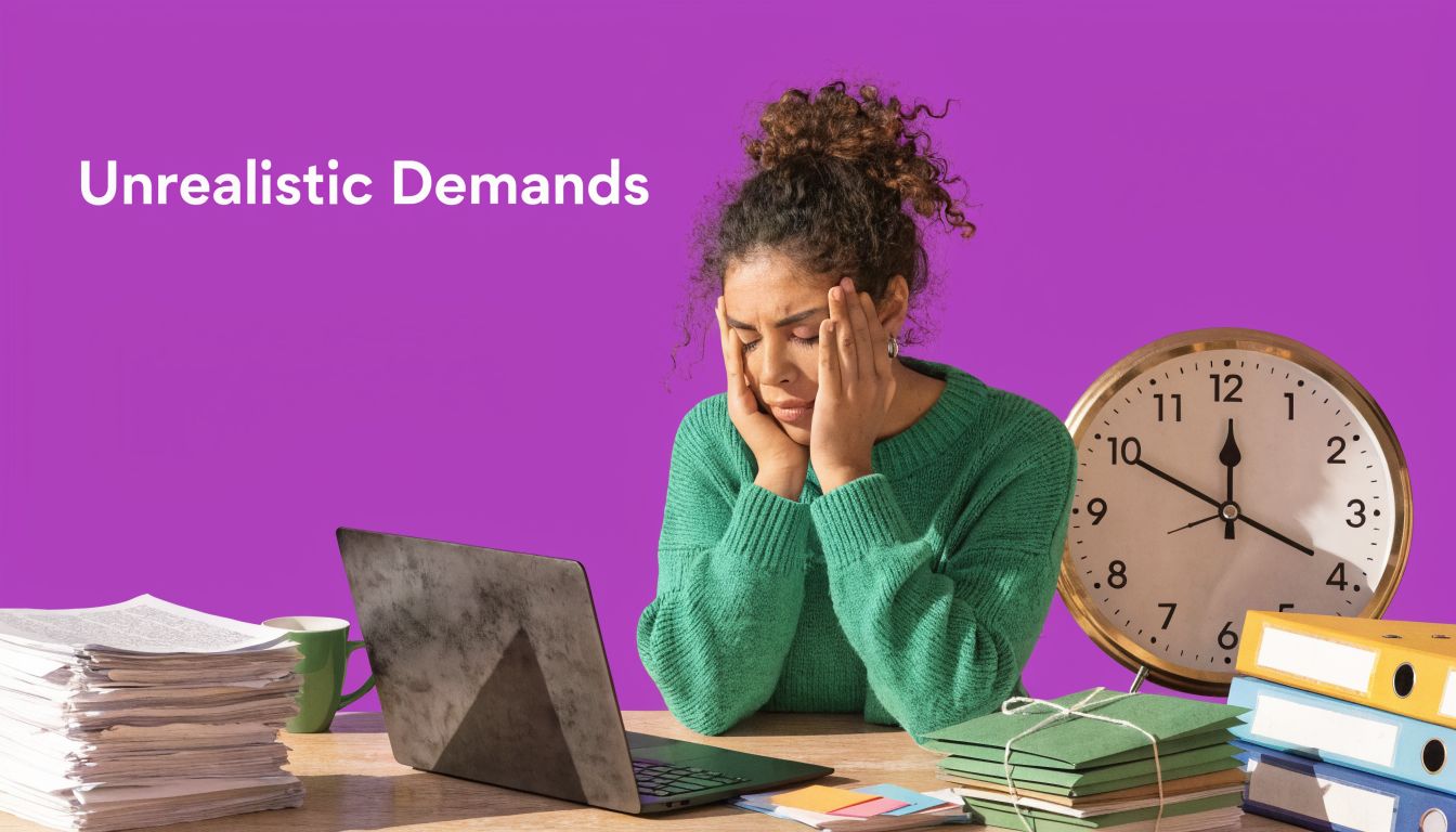 A woman sits at her desk, looking overwhelmed and stressed by an excessive pile of work tasks.