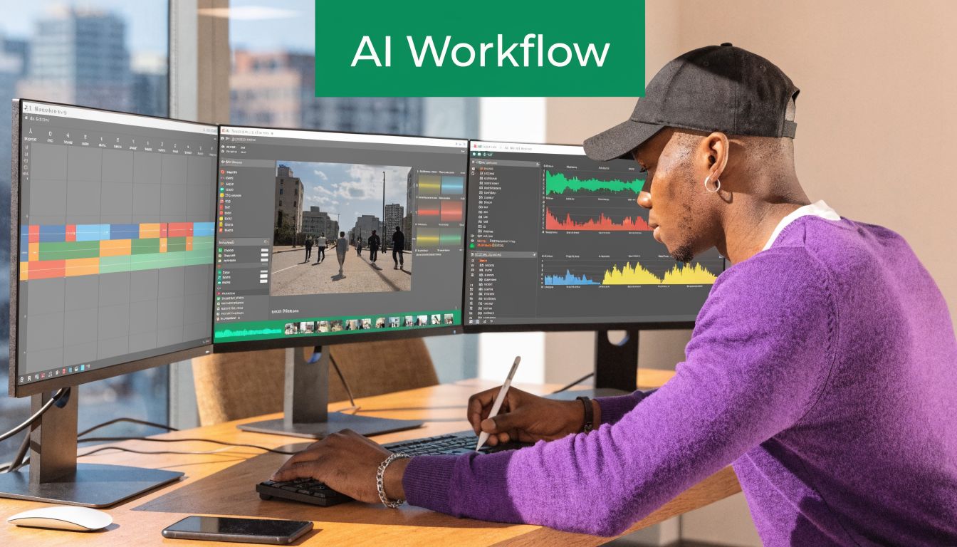 A person using advanced automatic video editing software on a workstation with multiple high resolution computer monitors.
