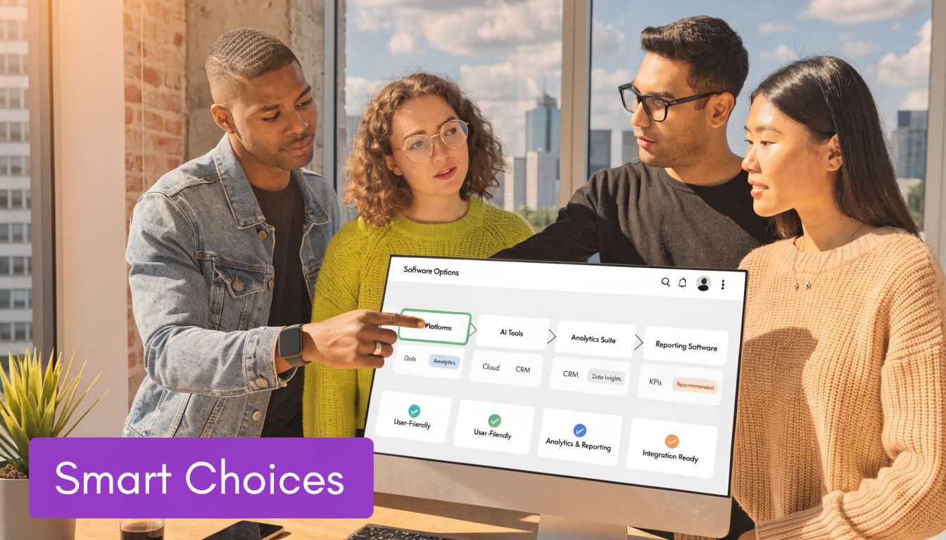 A diverse team of professionals collaborating around a computer screen displaying software options and analytics dashboards.