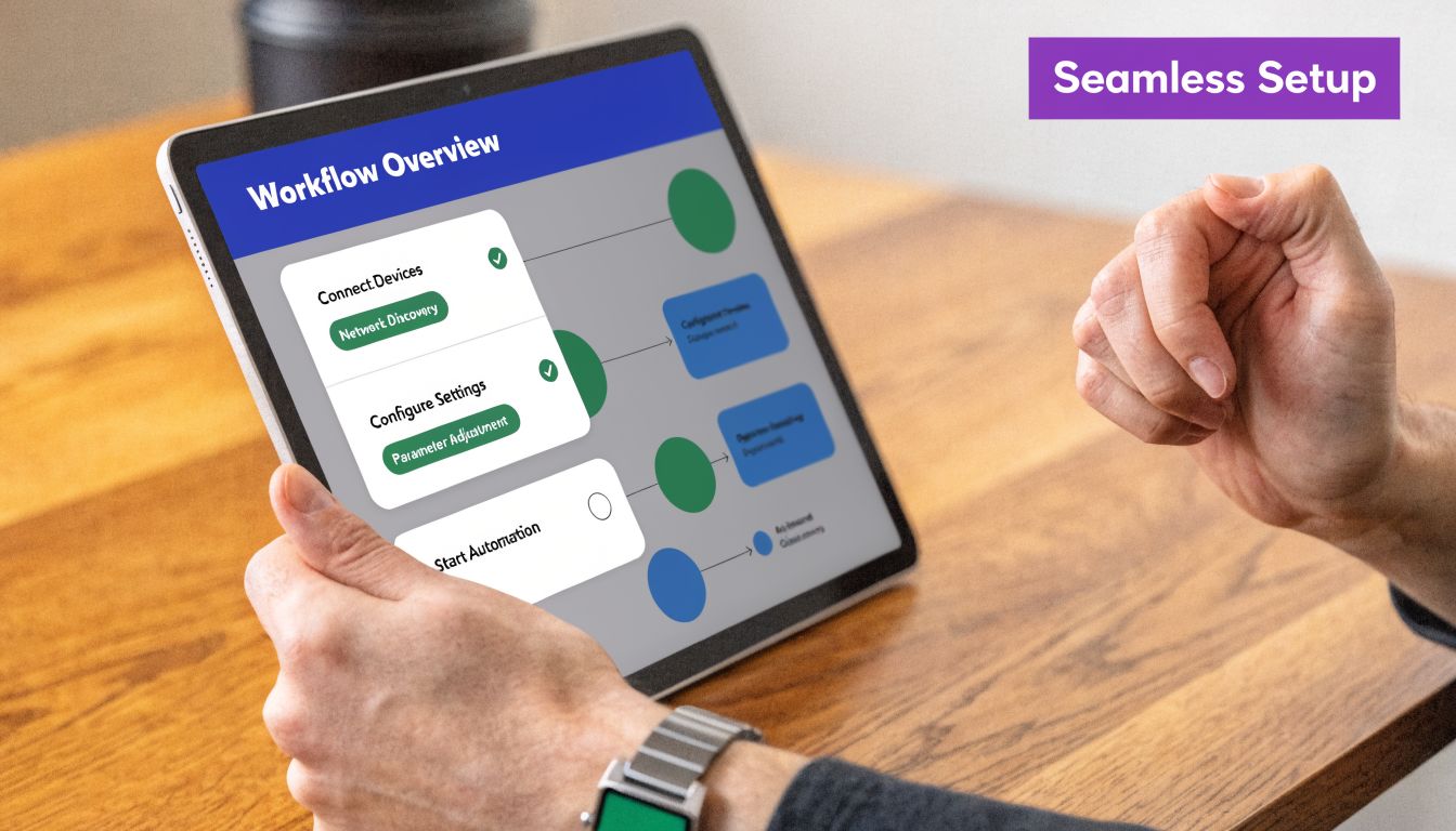 A person using a tablet to navigate a digital workflow process for automatic video editing software setup.