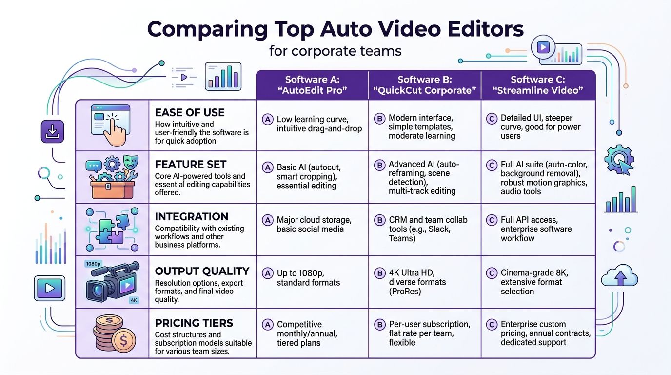 A comparison table featuring three auto video editing software options for corporate team workflows and features.