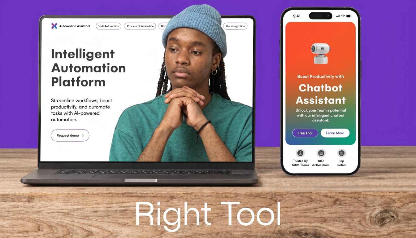A laptop and smartphone displaying an intelligent automation platform landing page on a wooden desk surface.