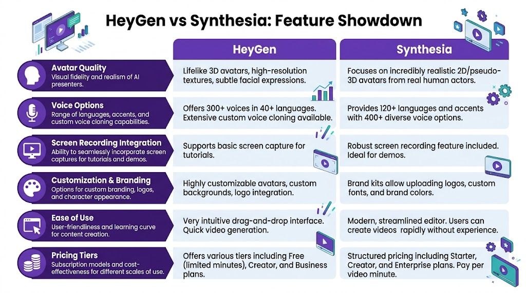 A comparison chart outlining key features of HeyGen and Synthesia AI video generation platforms for content creation.