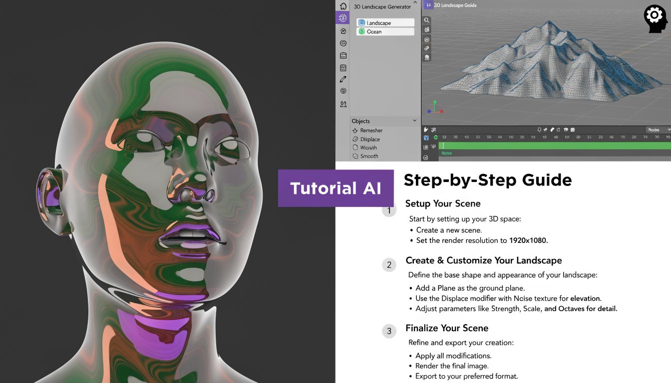 A tutorial guide for creating 3D landscapes in software, featuring a glossy human head sculpture overlay.