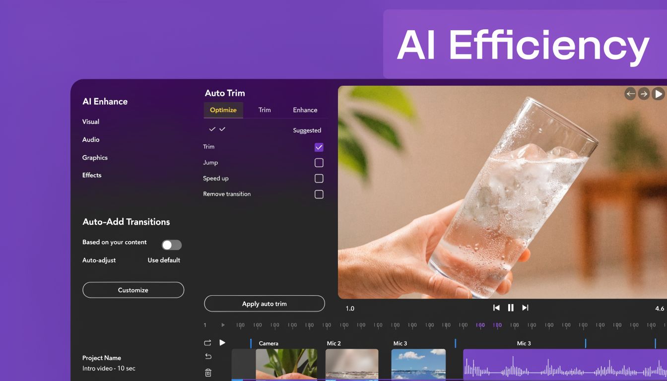 A digital video editing interface showing AI-powered tools for trimming clips and adding automated transitions.