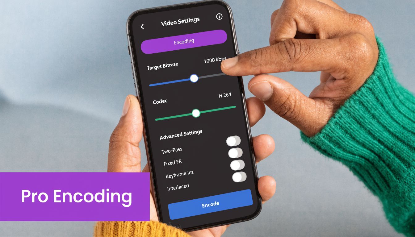 A close-up view of a person using a smartphone app to configure video encoding settings.