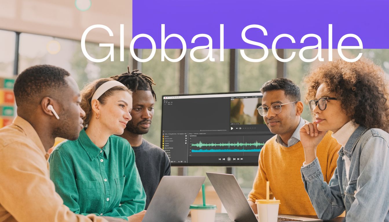 A diverse group of professionals collaborating on a video editing project in a modern office space.