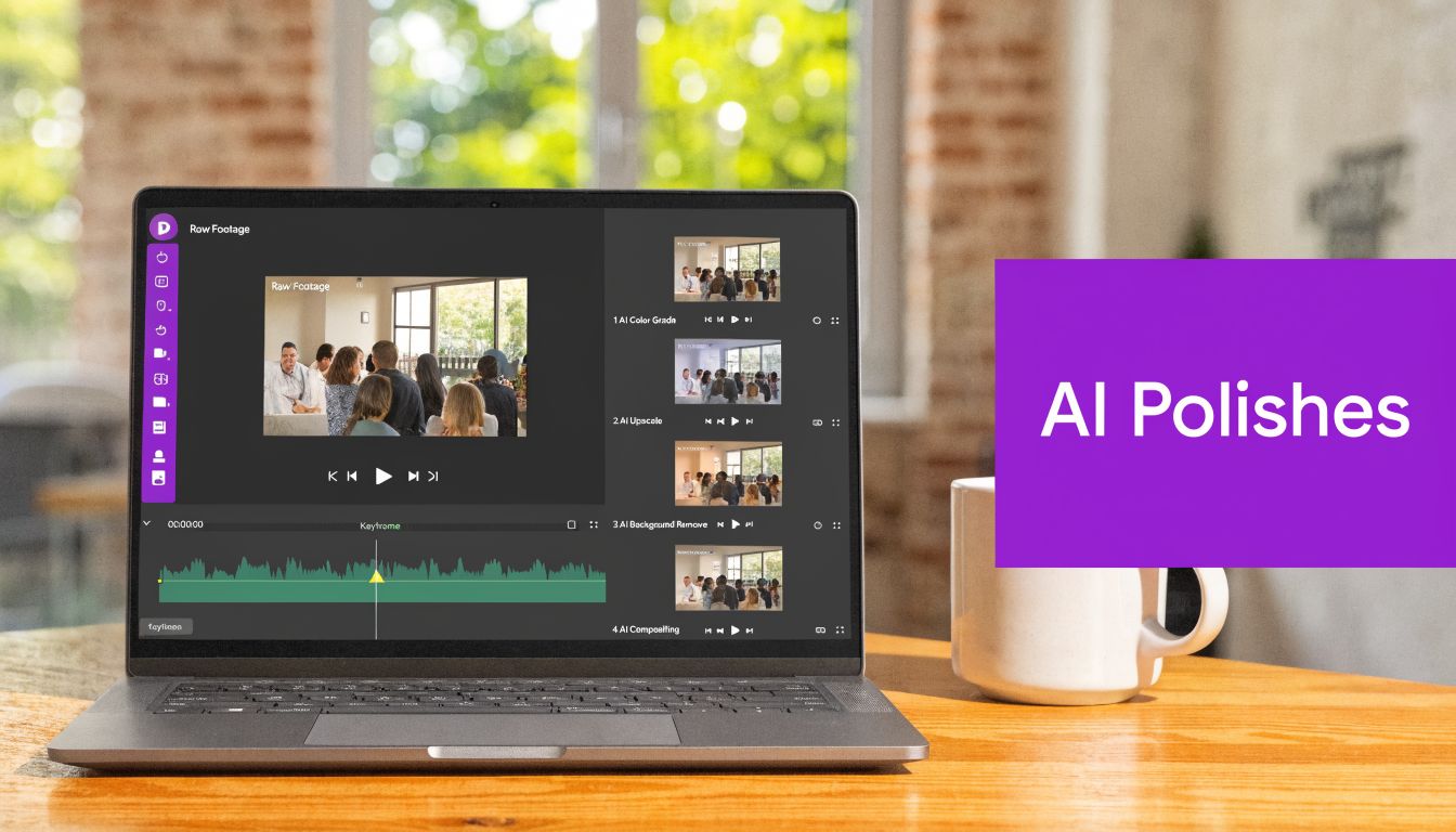 A laptop on a wooden desk displaying video editing software with AI-powered polishing tools and features.
