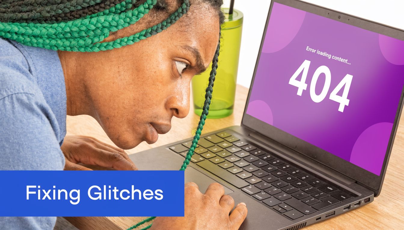 A young person with braided hair looking intently at a laptop screen showing a 404 error message.