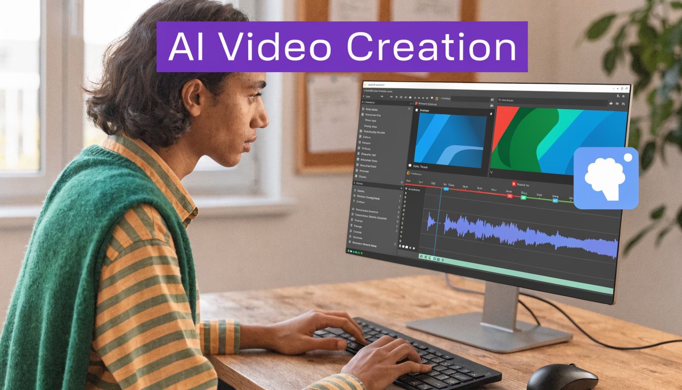 A young person editing video content on a computer screen for an AI video creation project.