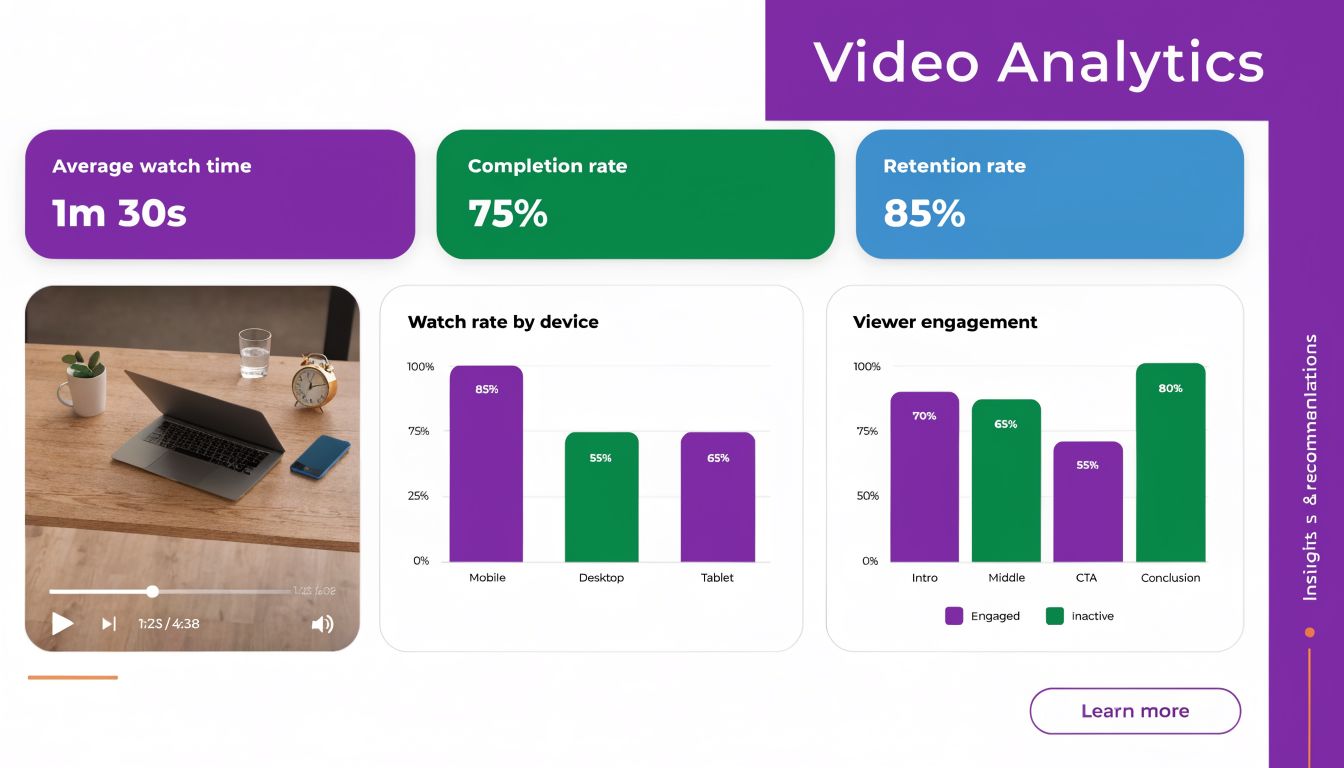 A digital dashboard showing video analytics including watch time, completion rate, device watch rates, and viewer engagement.