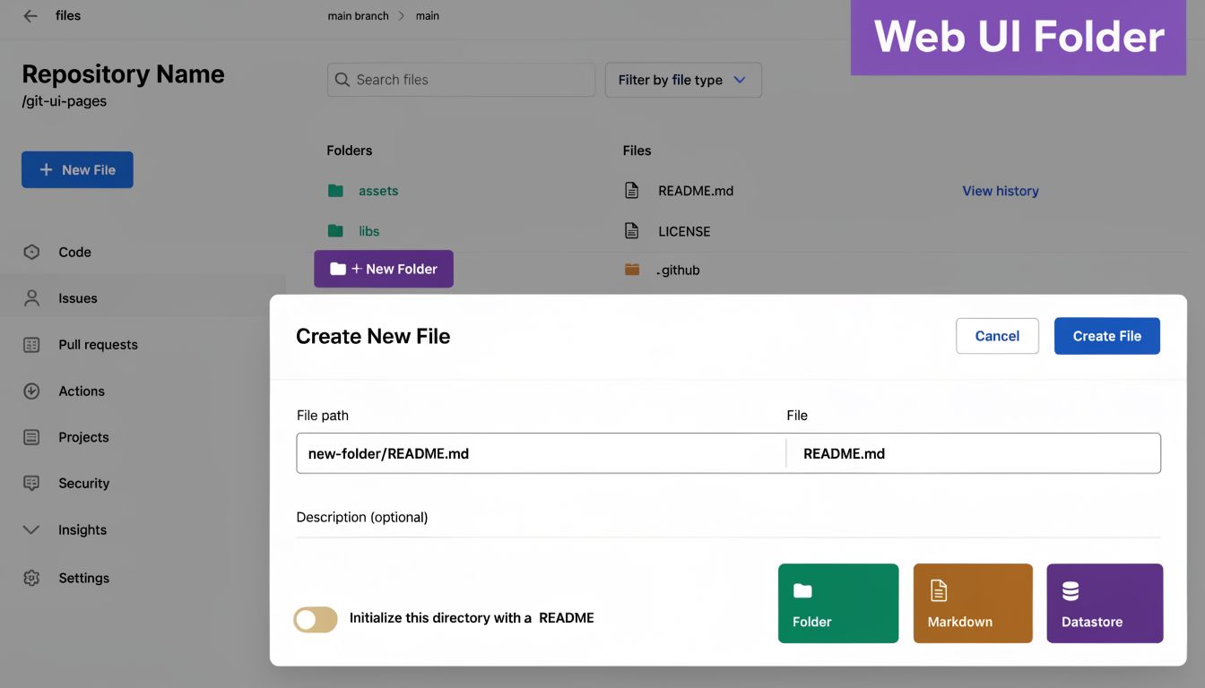 A web interface modal showing the process of creating a new file within a GitHub folder repository.