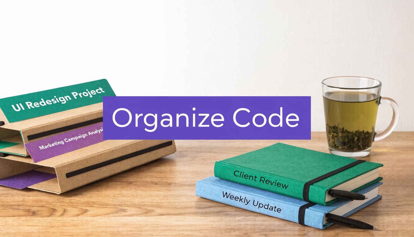 A workspace desk with organized notebooks, project folders, and a cup of tea for productivity.