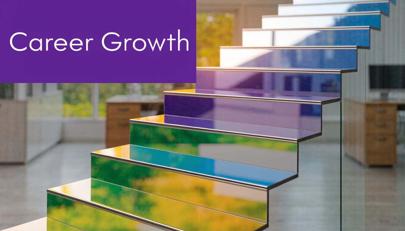 A modern office staircase with colorful reflective steps representing the concept of professional career growth.
