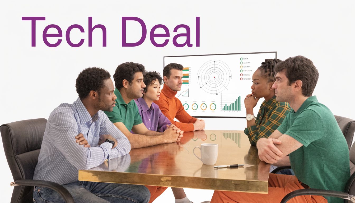 A diverse team of professionals engaged in a business discussion around a table in a modern office.