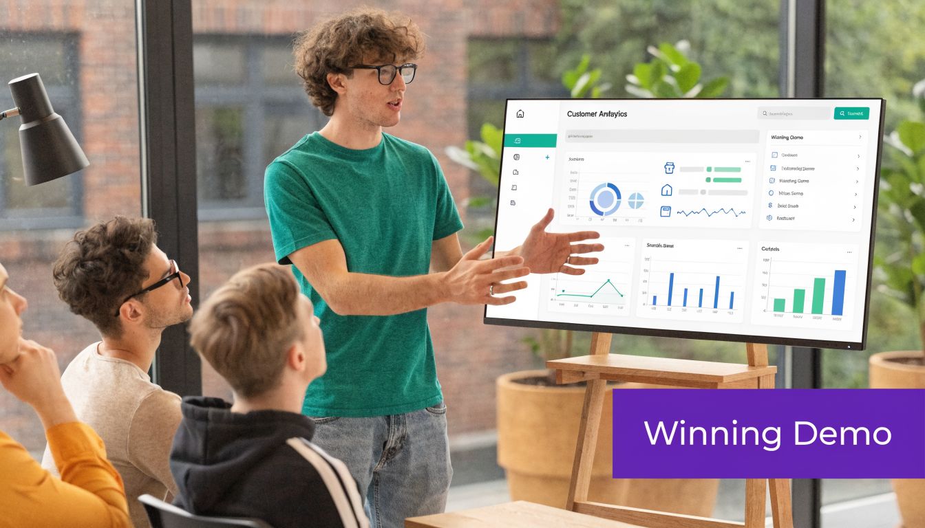 A young male professional presenting customer analytics data to his colleagues in a modern office meeting.