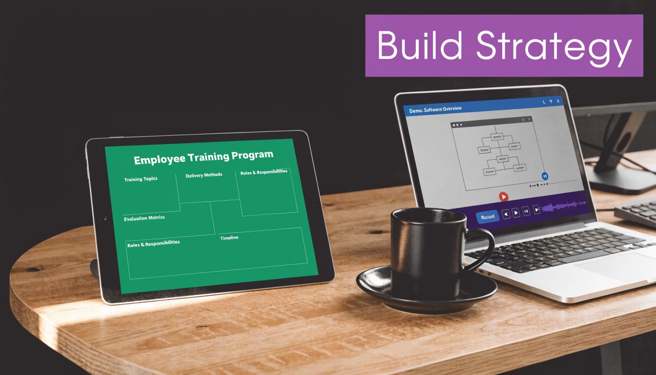 A digital workspace featuring a tablet displaying an employee training program template next to a laptop.