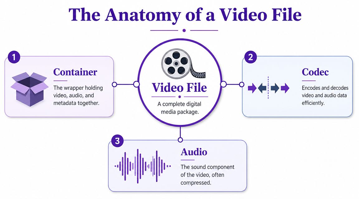 An infographic titled The Anatomy of a Video File explaining containers, codecs, and audio components.