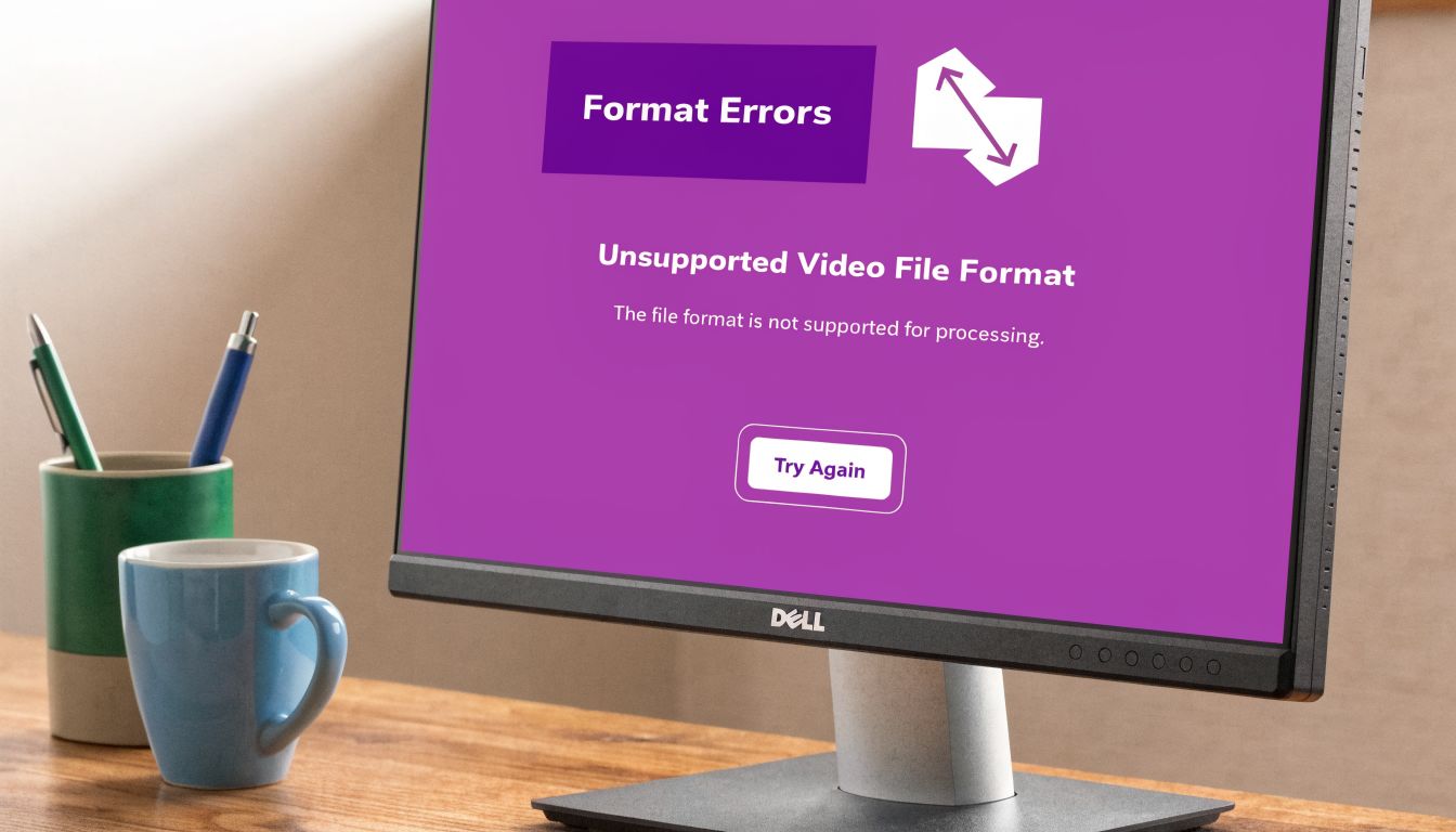A Dell computer monitor displaying an error message stating that the video file format is unsupported.