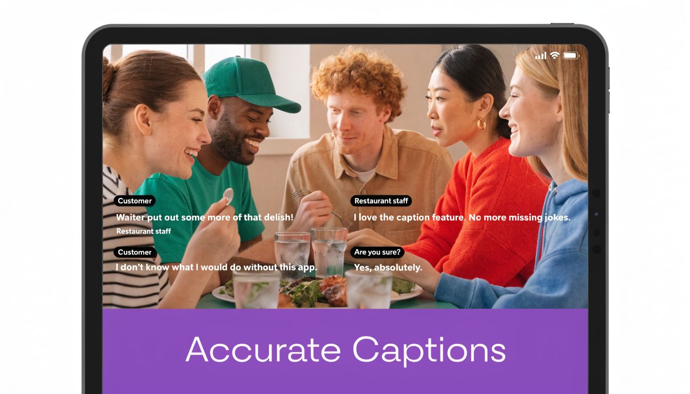 A group of friends dining in a restaurant with live captioning text overlaid on the screen.