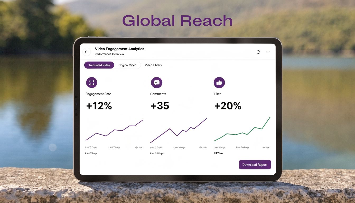 A digital tablet displaying an analytics dashboard showing positive performance metrics for translated video content engagement.