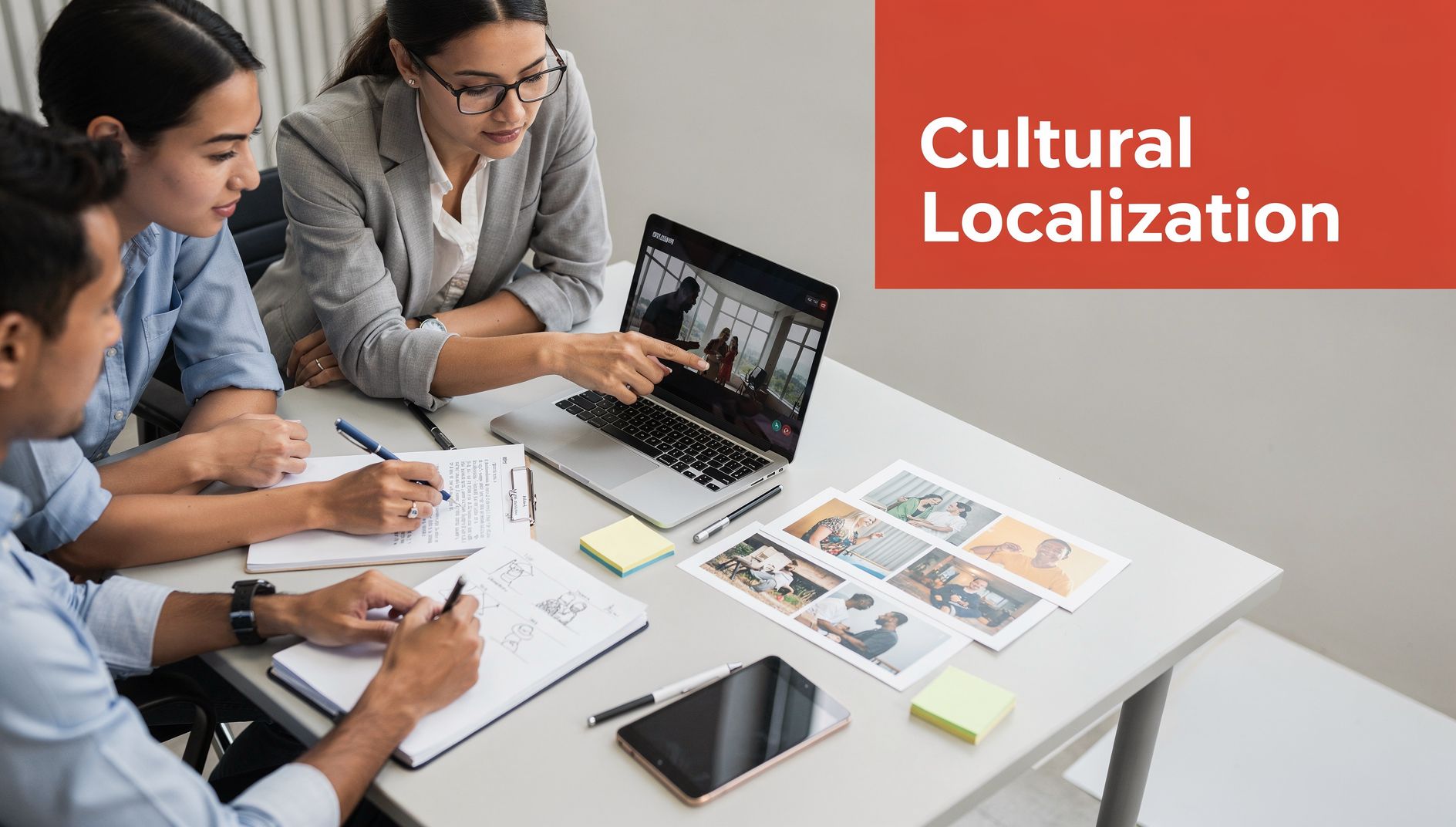 A diverse group of business professionals collaborating on cultural localization projects during a meeting in an office.