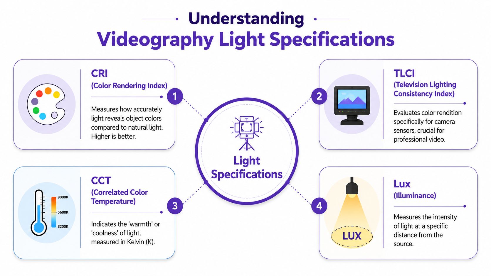 An infographic titled Understanding Videography Light Specifications displaying CRI, TLCI, CCT, and Lux measurement definitions.