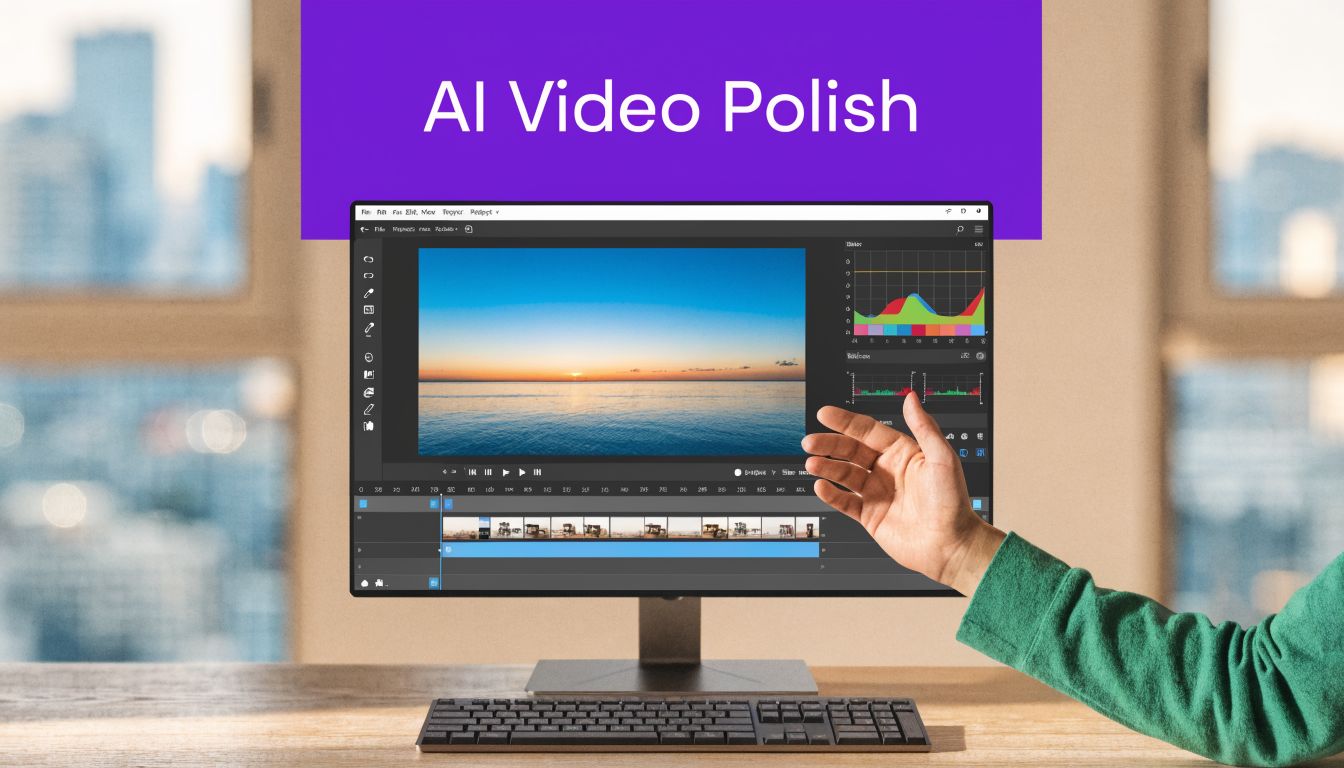 A person using AI video editing software on a computer screen to enhance a scenic ocean sunset.