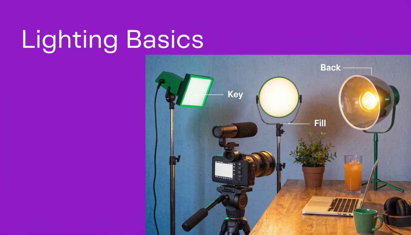 A professional video production setup featuring a camera, key light, fill light, and back light on a desk.