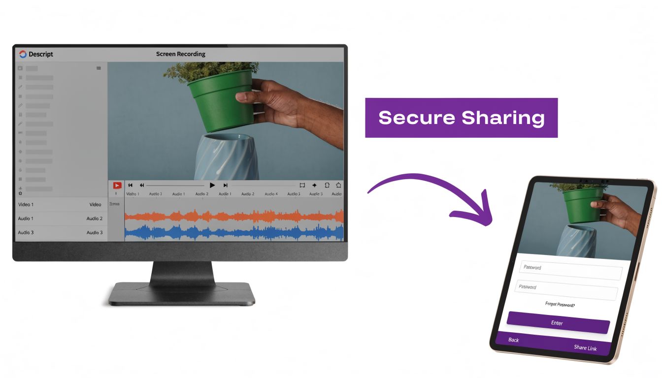A computer displaying video editing software and a tablet showing a secure password protected video login screen.