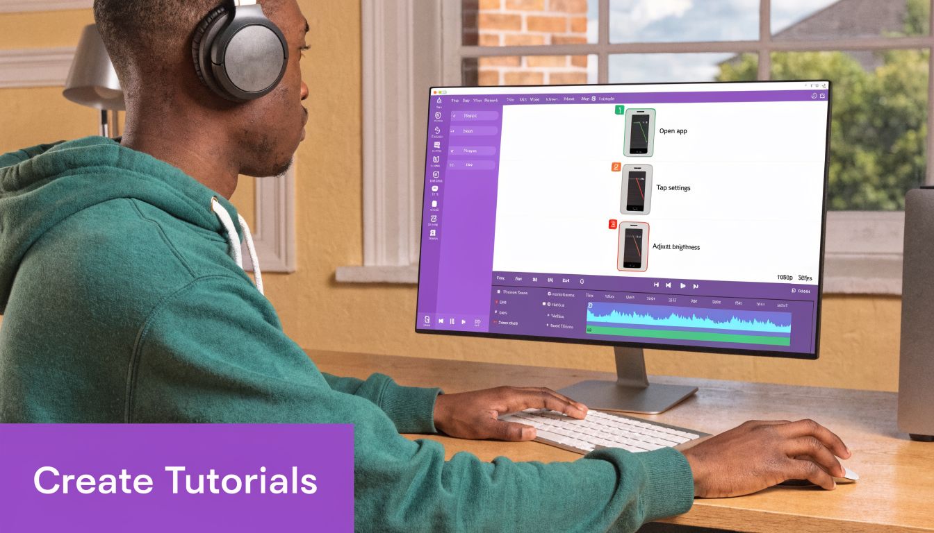 A person using software on a computer to create a step-by-step video tutorial for mobile devices.