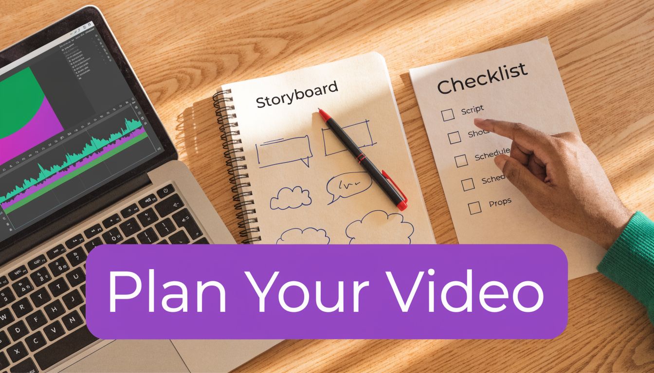 A top-down view of a workstation with a laptop, storyboard notebook, and a checklist for video production.
