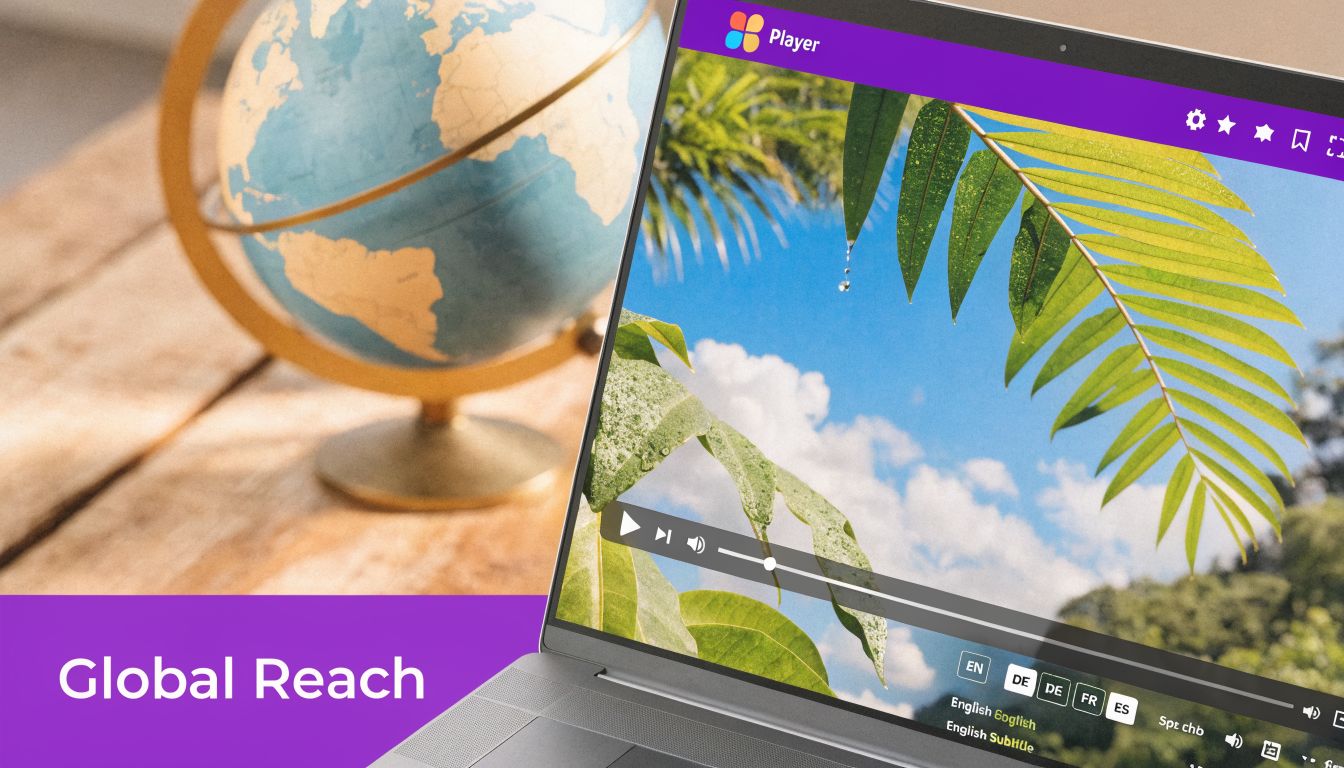 A modern laptop displaying a video player interface with a globe in the background.